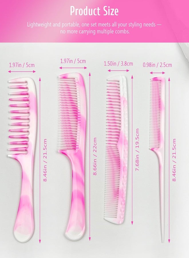 Zoolinn 4 Pcs Unisex Hair Comb Set - Rat Tail, Wide & Fine Tooth and Dual-Sided Combs for Daily Detangling, Pink - Image 4
